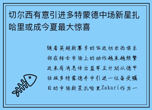 切尔西有意引进多特蒙德中场新星扎哈里或成今夏最大惊喜